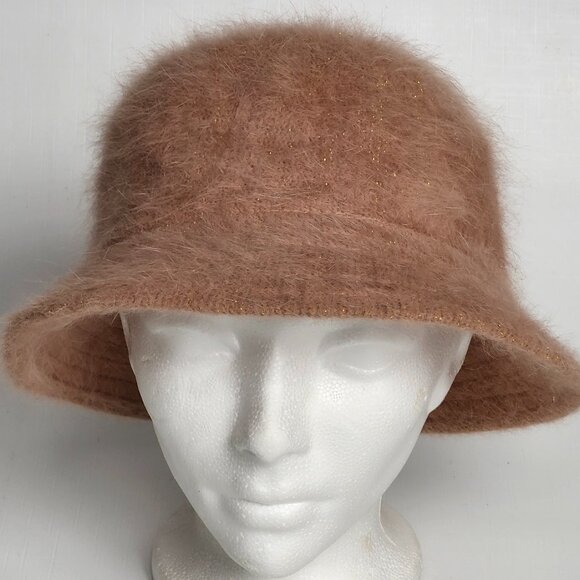 Ladies Winter Bucket Hat Angora Blend Great Shape Brown w/Gold Tint BOW Deatil - Picture 2 of 7